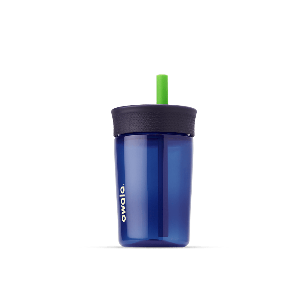 Kids' Tumbler 15oz in Lilac Rocket; translucent lavender plastic body with coral pink lid and purple straw with peach inner straw, lavender Owala logo on front